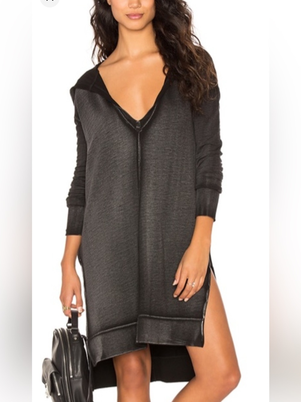 Free people queen of hearts hoodie dress tunic V-neck long sleeve black SMALL